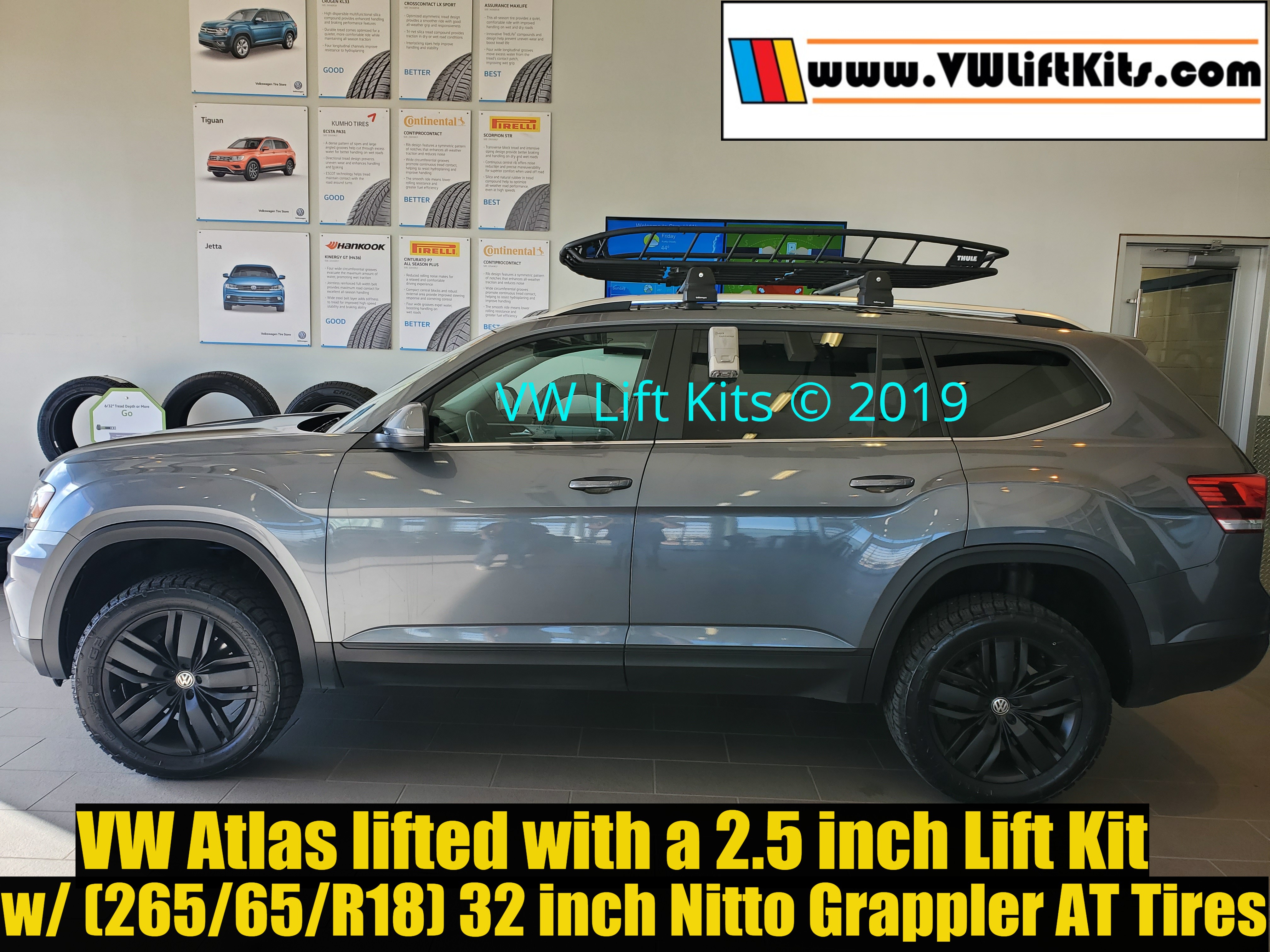 VW Atlas lifted properly at Street VW Dealership in Amarillo Texas. Top of the line bolt-on kit.